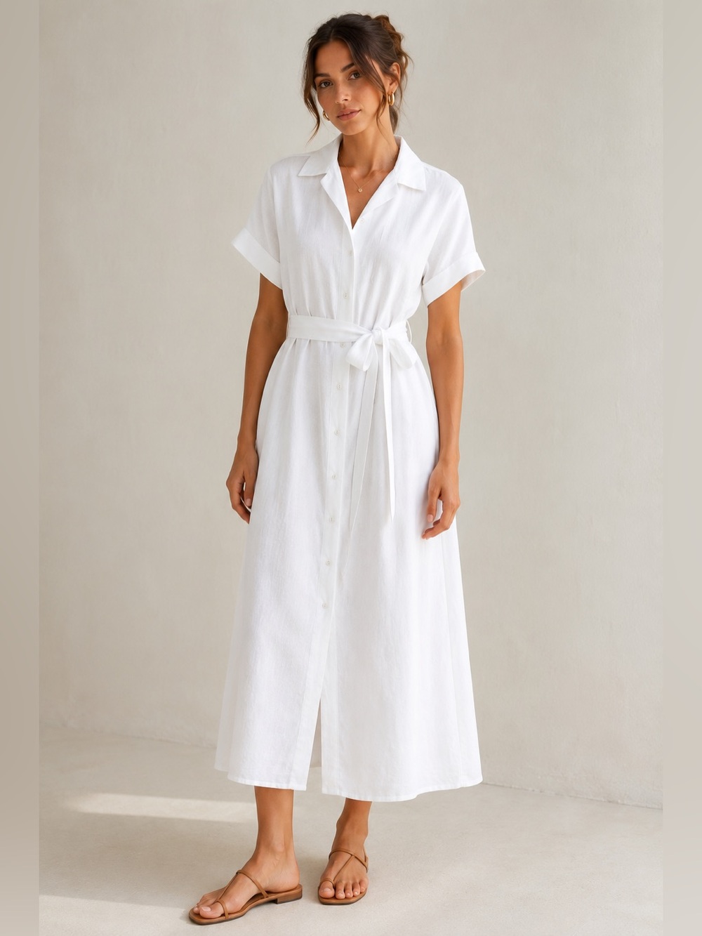 DISSH White Linen Button Front Tie Waist Maxi Dress Coastal Laganlook Classic 6